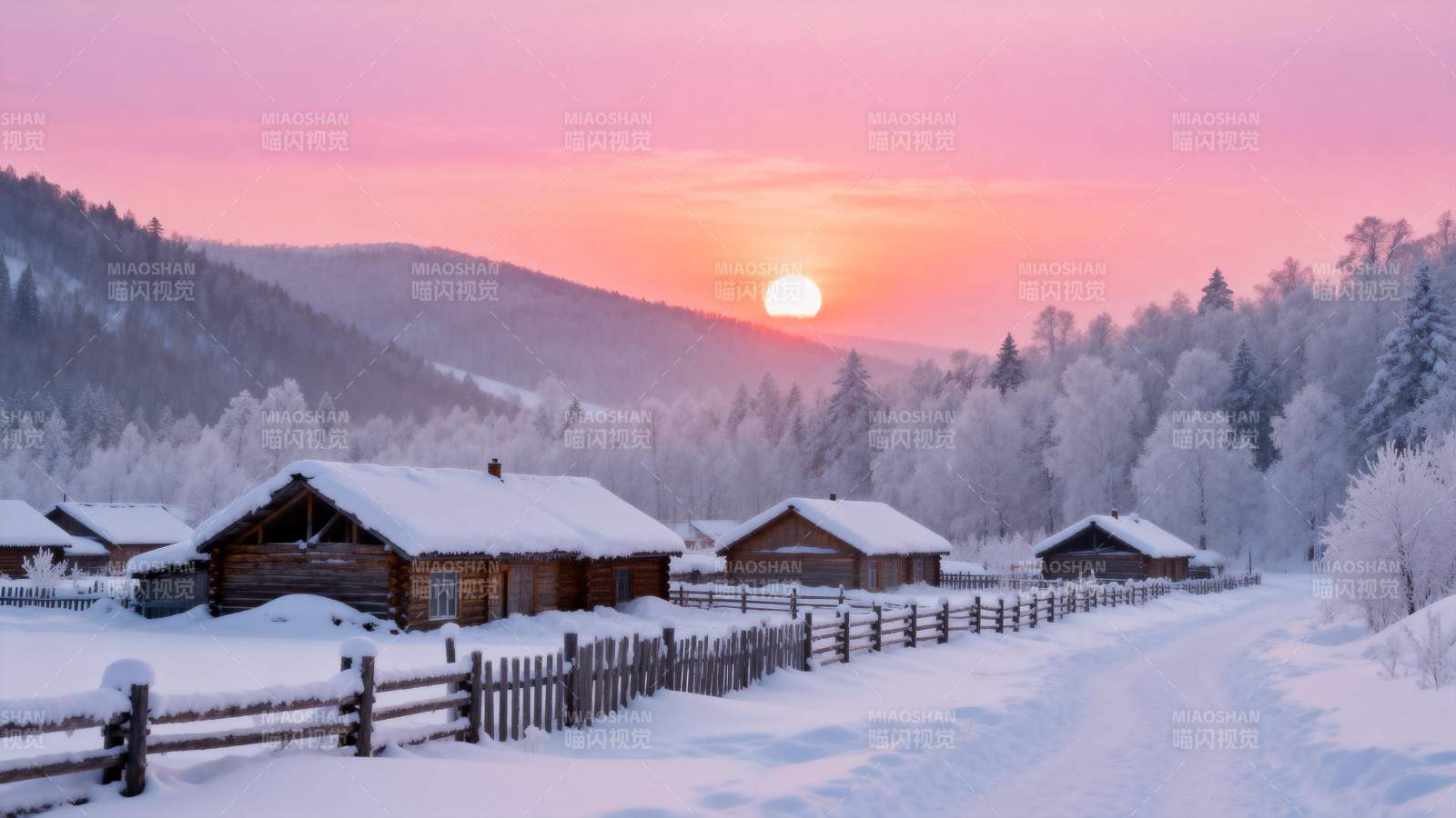 雪乡日落美景图片