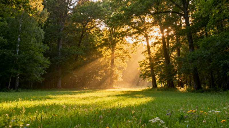 晨光穿透林间图片