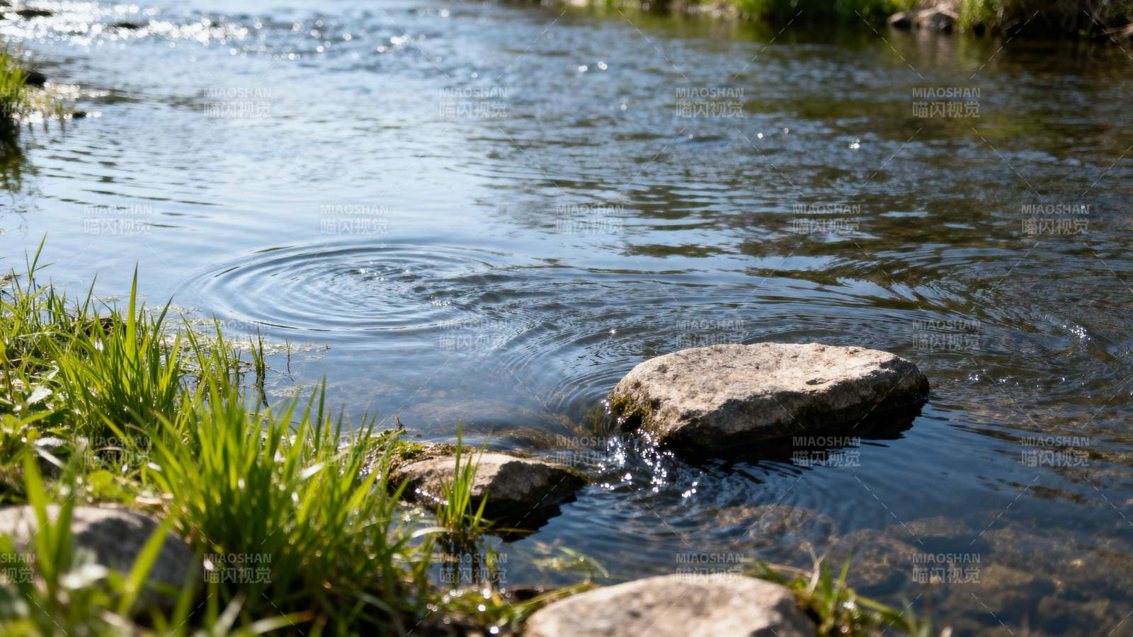 溪水涟漪石畔绿图片