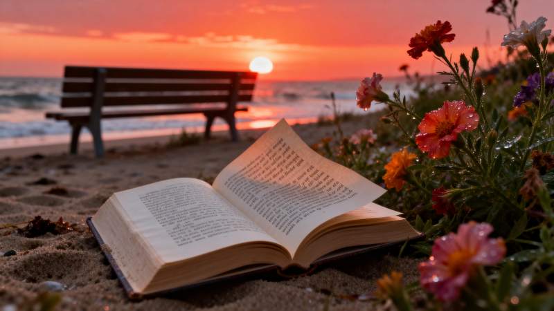 沙滩书影夕阳美图片