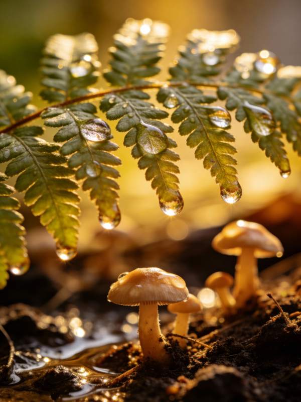 晨露蕨影伴菇生图片