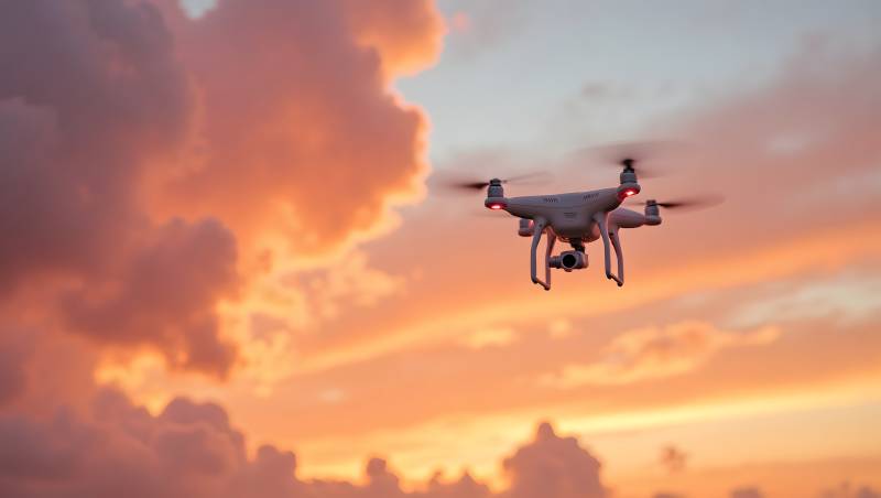 无人机翱翔晚霞中图片