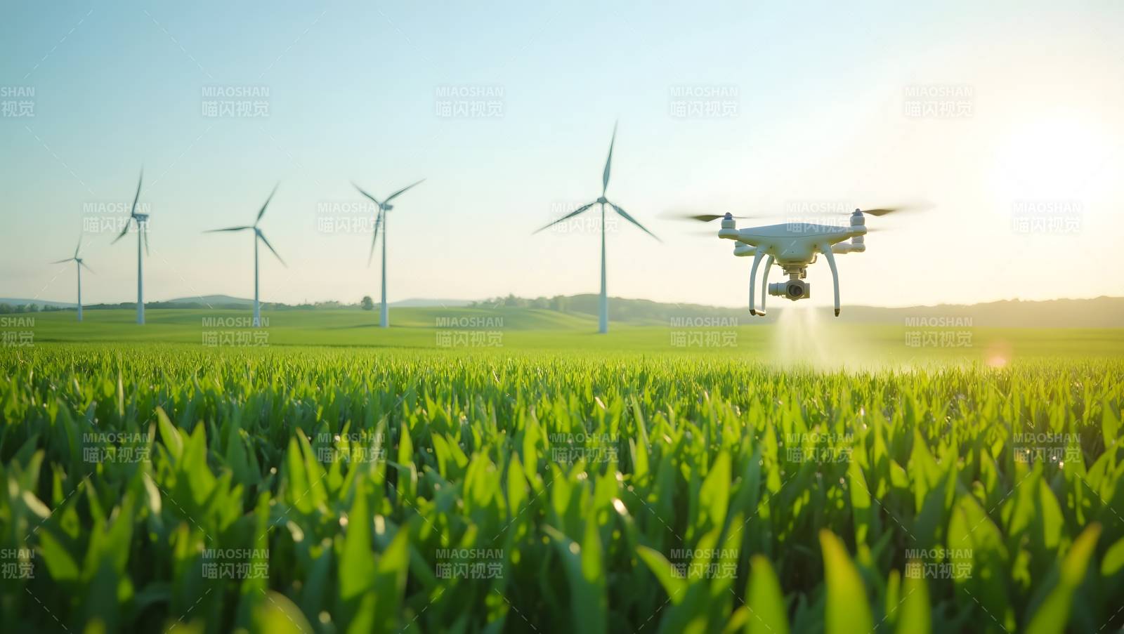 无人机巡田风车背景图片