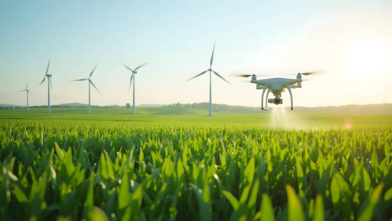 无人机巡田风车背景图片