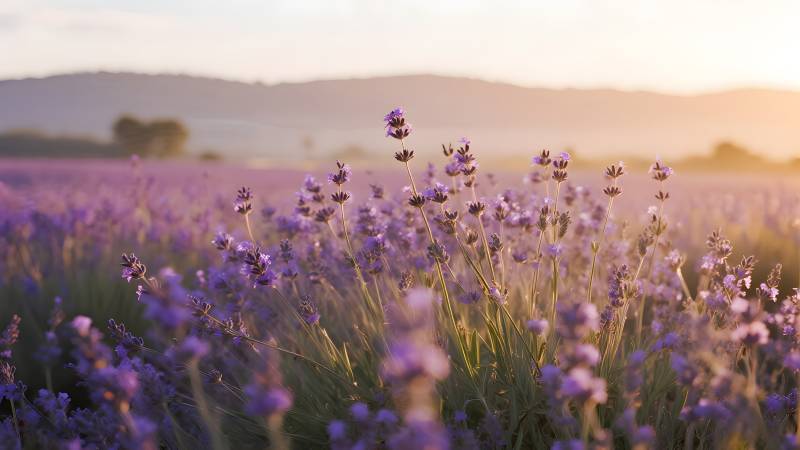 薰衣草花海日落图片