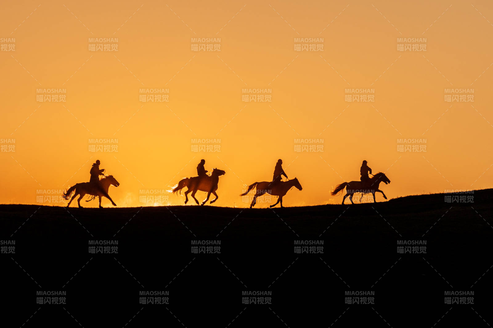 夕阳下的骑马剪影图片