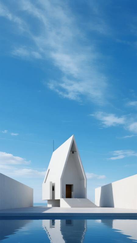 极简白屋映碧空图片