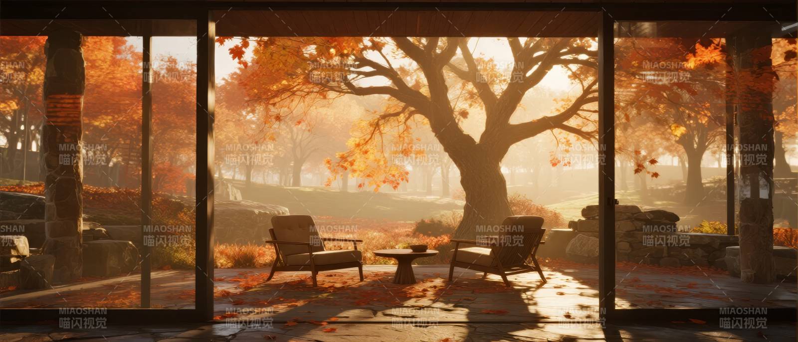 秋日暖阳庭院景图片