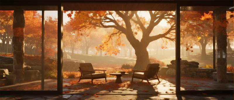 秋日暖阳庭院景图片