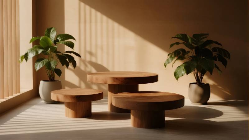 阳光下的绿植与木桌图片