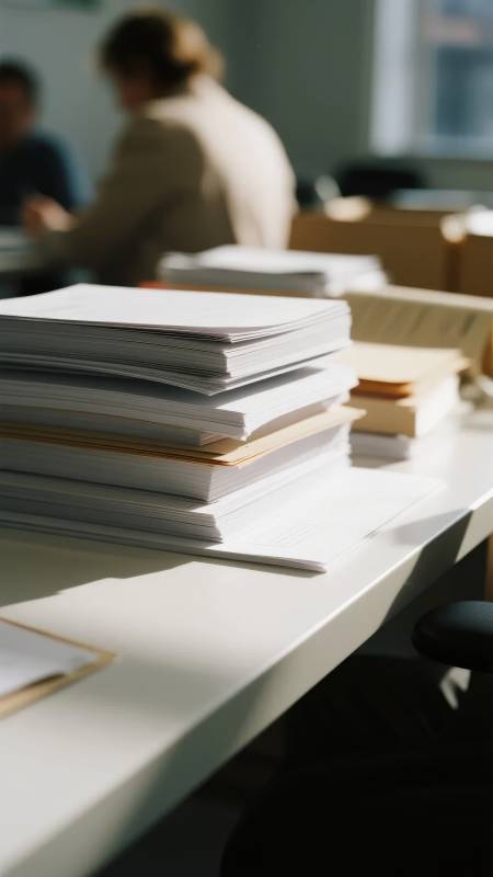 办公桌上的文件堆图片