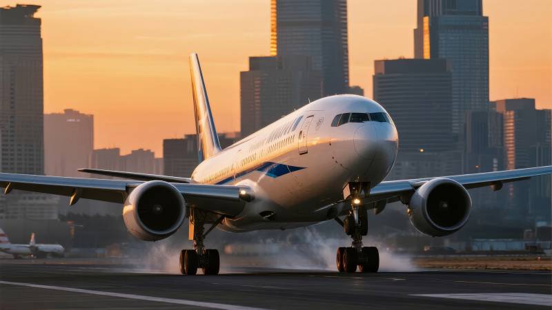 飞机降落城市天际线图片