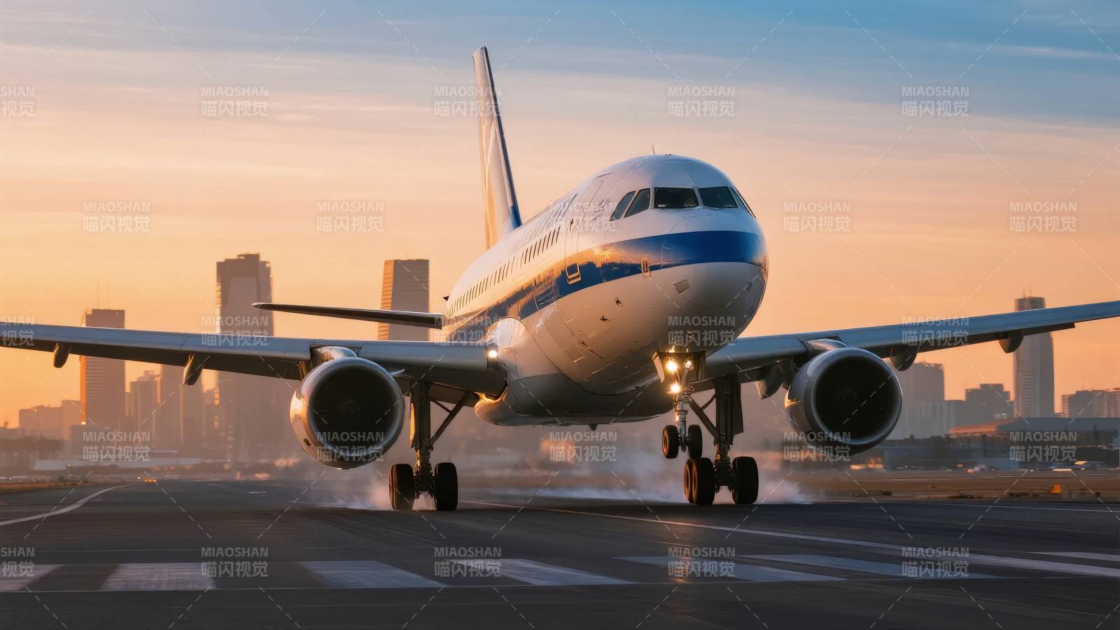 飞机降落城市天际线图片