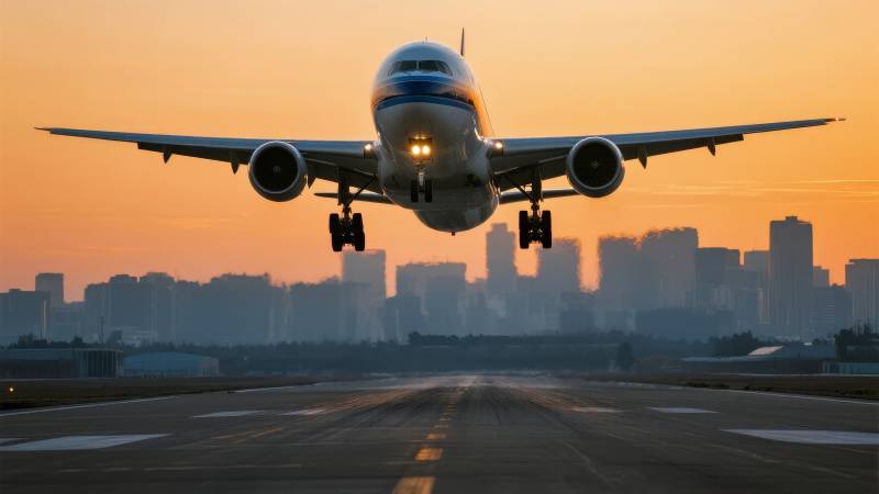 飞机降落城市天际线图片