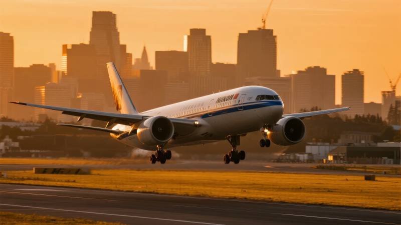 日落时分飞机起飞图片