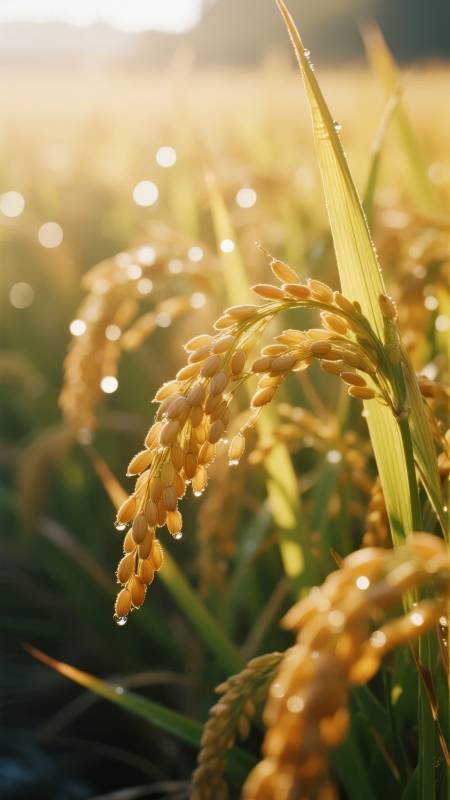 金稻露珠晨光图片