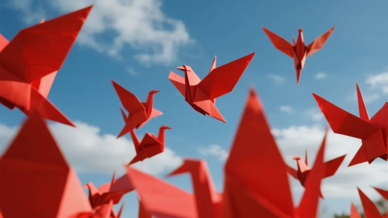红纸鹤飞向蓝天图片