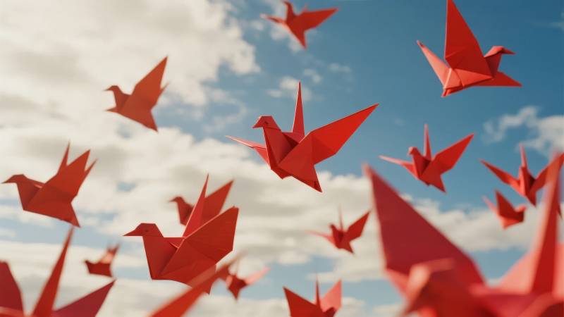 红纸鹤飞向蓝天图片
