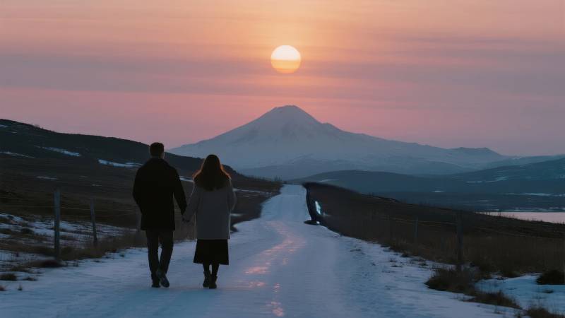 雪路夕阳共行图片