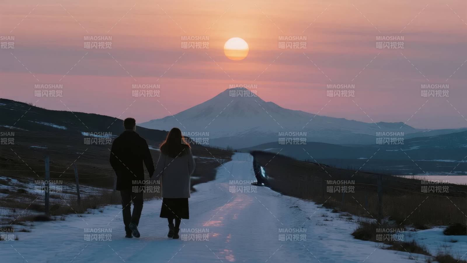 雪路夕阳共行图片