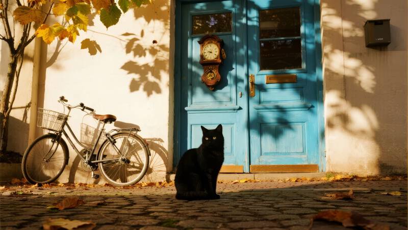 黑猫守蓝门图片