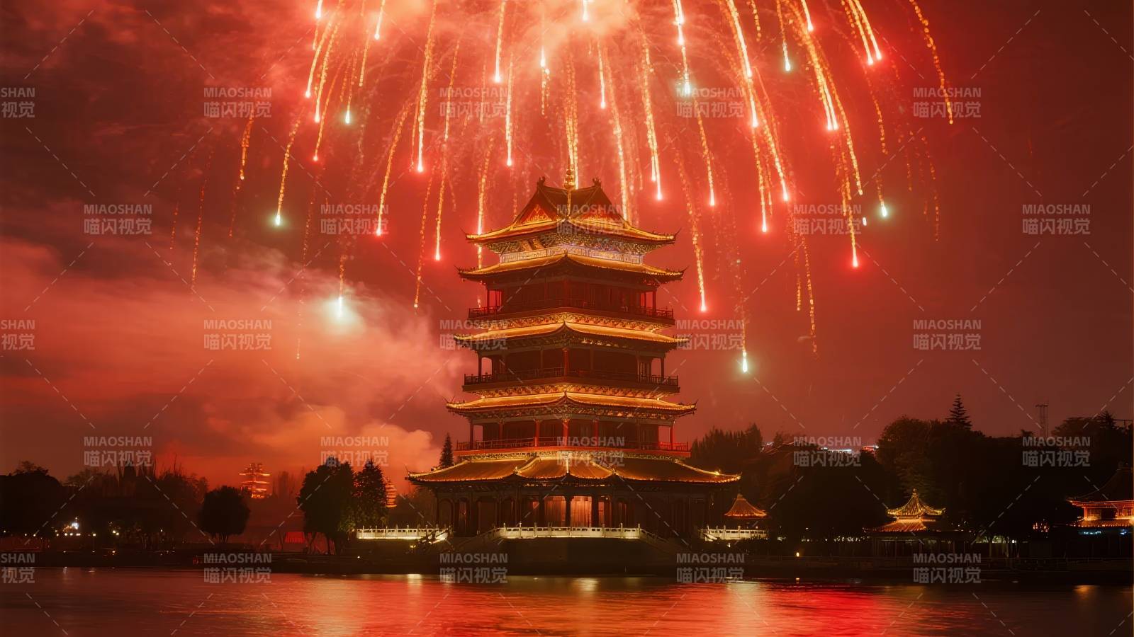 烟花映古塔图片