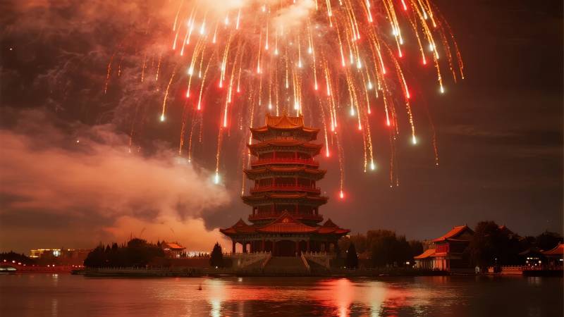 烟花映古塔图片