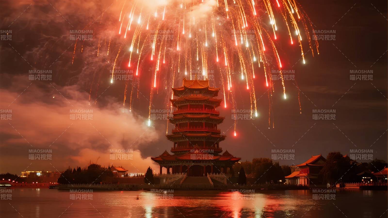 烟花映古塔图片