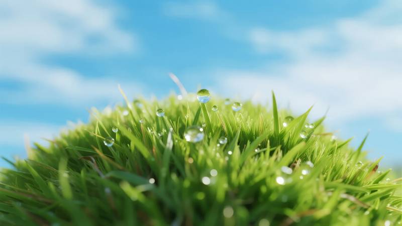 晨露绿草映蓝天图片