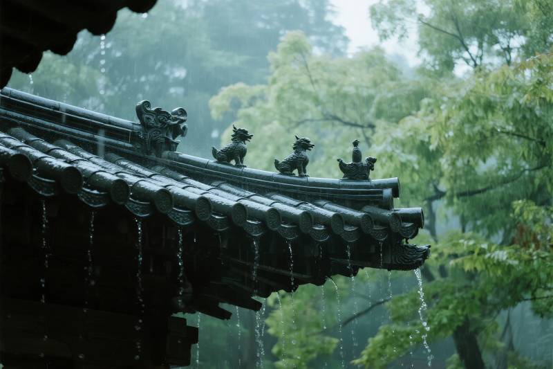 雨中古檐滴水图片