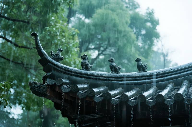 雨中古檐滴水图片