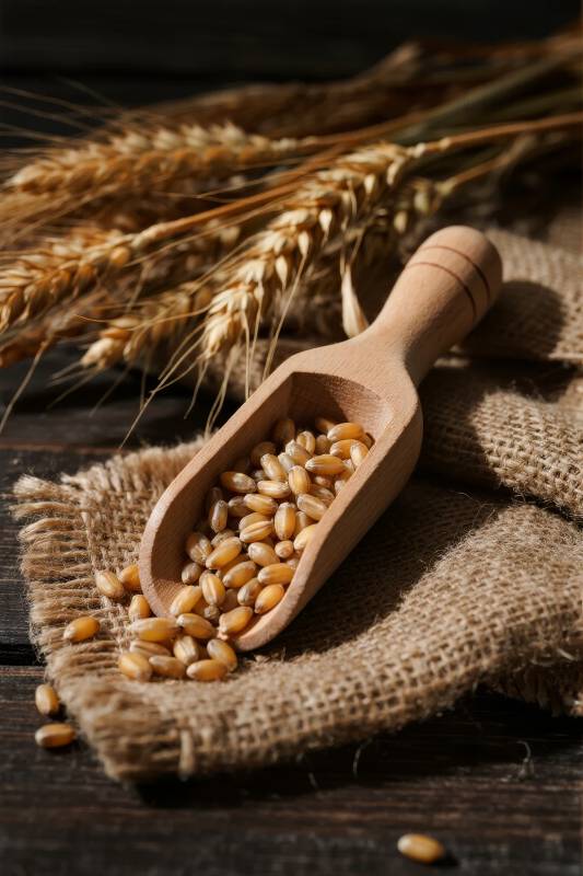 麦穗与木勺中的谷粒图片