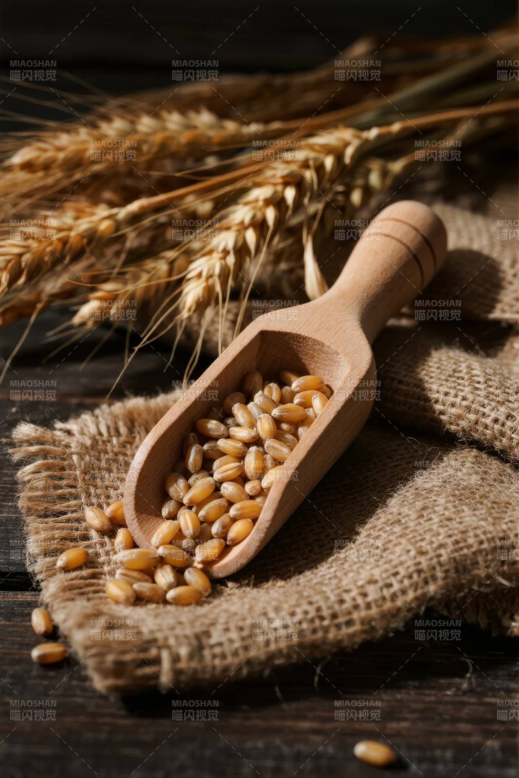 麦穗与木勺中的谷粒图片