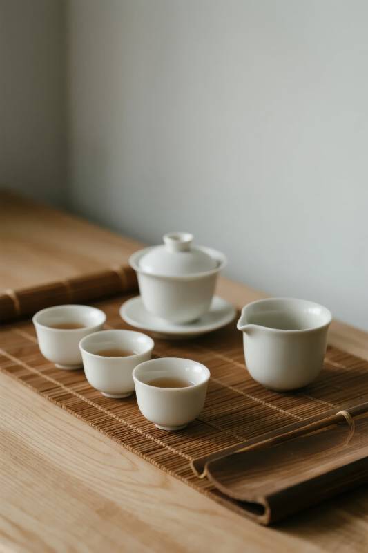 茶具静置竹席上图片
