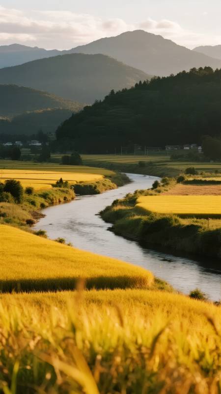 金秋稻田溪流图片