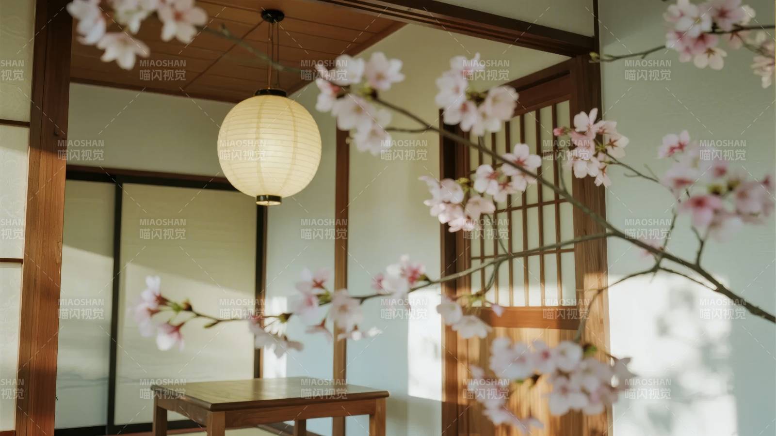 樱花映照日式庭院图片