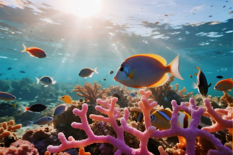 珊瑚礁鱼群游弋图片