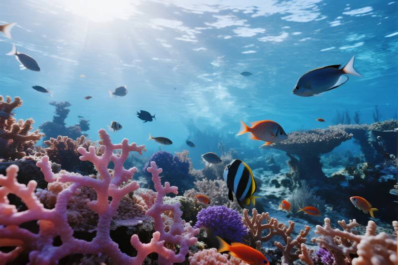 珊瑚礁鱼群游弋图片