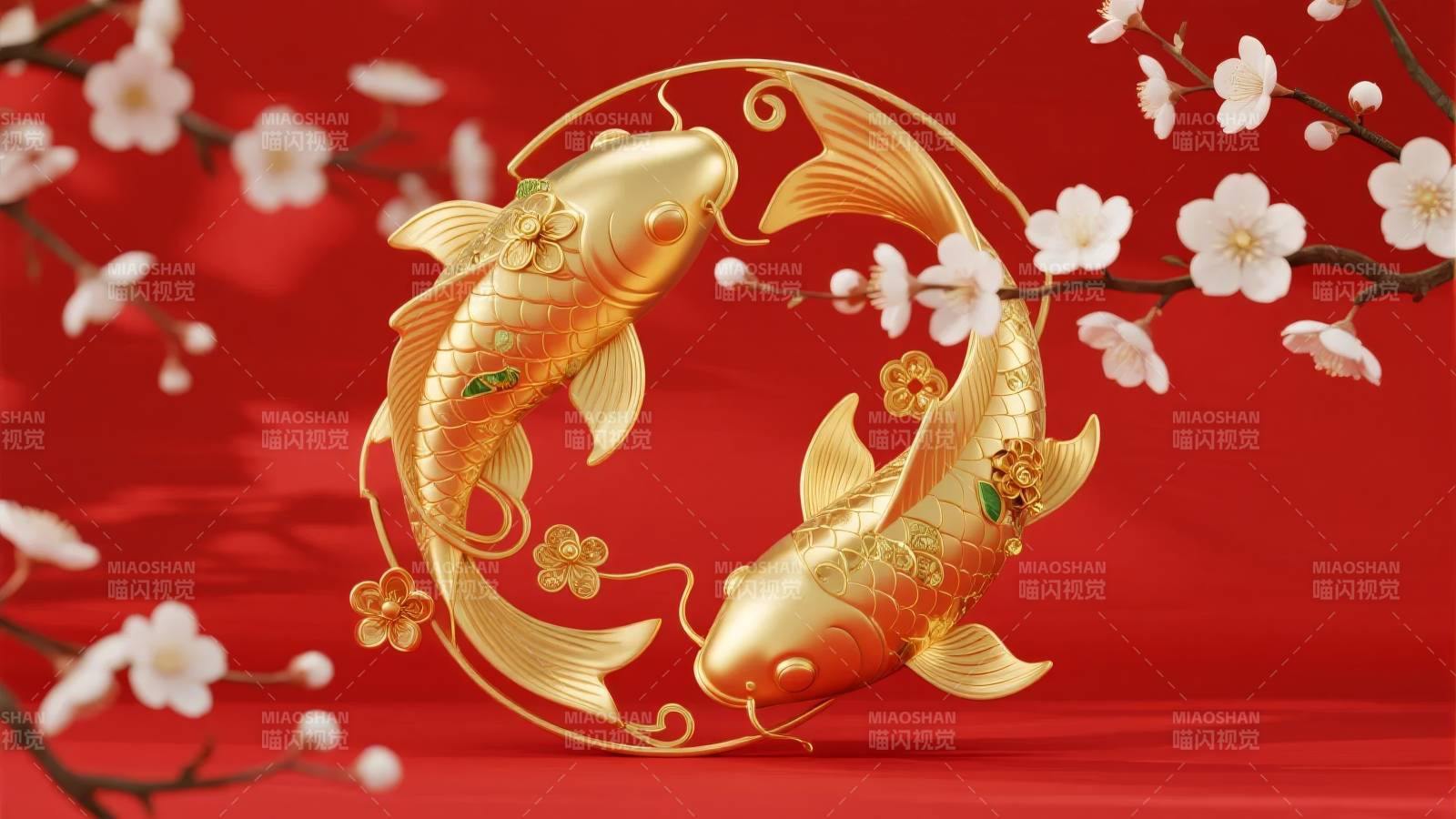 金鱼戏梅迎春图片