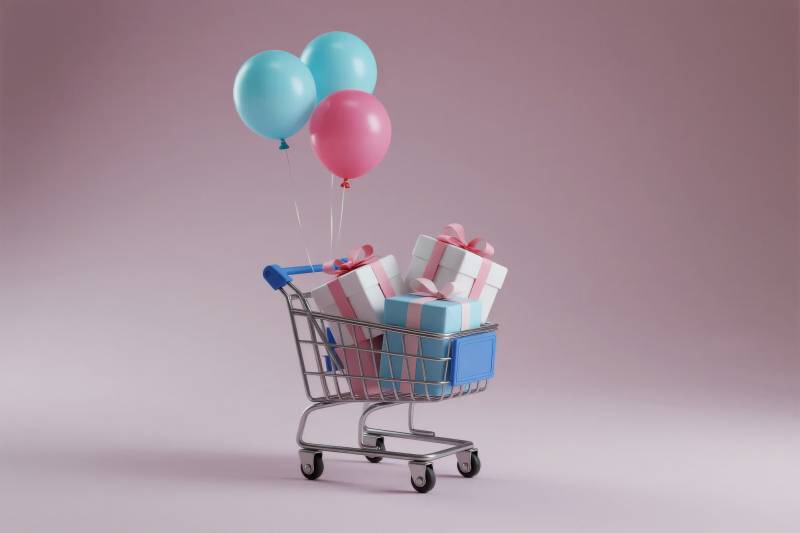 购物车里的礼物与气球图片