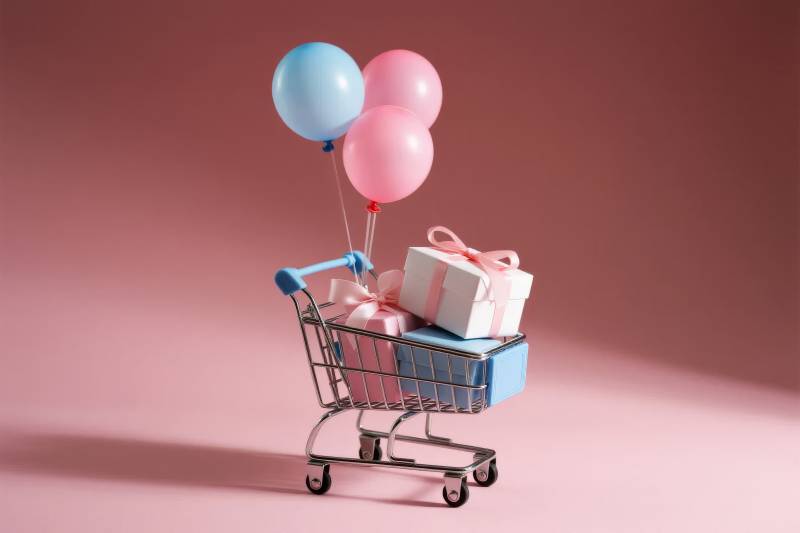 购物车里的礼物与气球图片