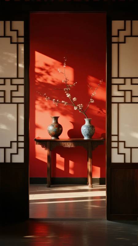 红墙影梅 静谧雅致图片