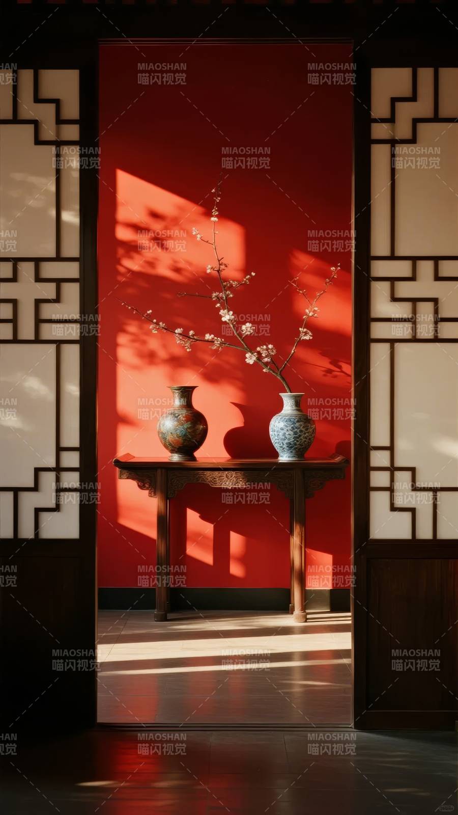 红墙影梅 静谧雅致图片