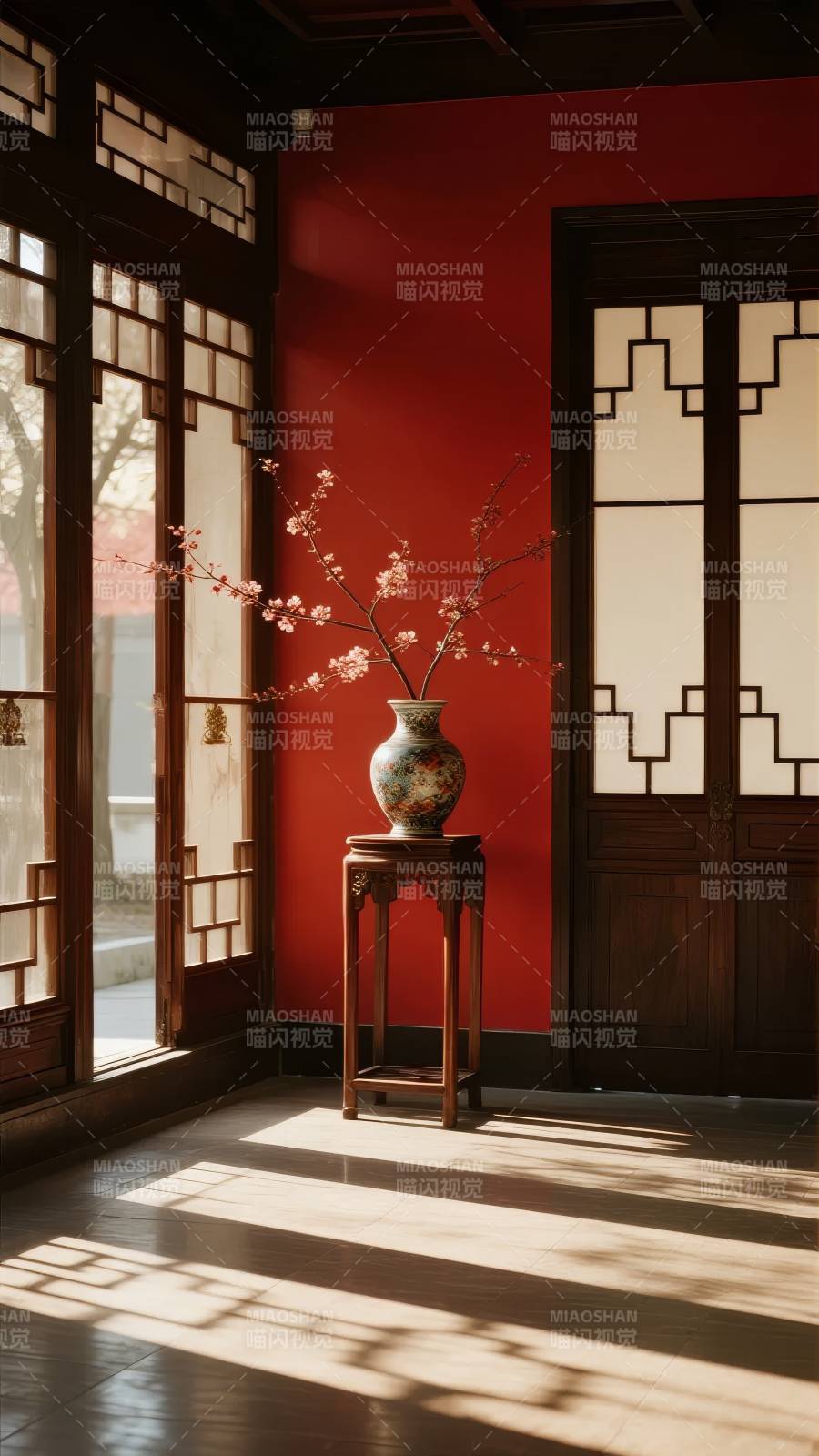 红墙花影静谧时光图片