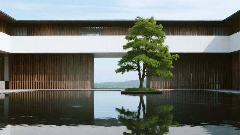 现代建筑与绿树倒影图片