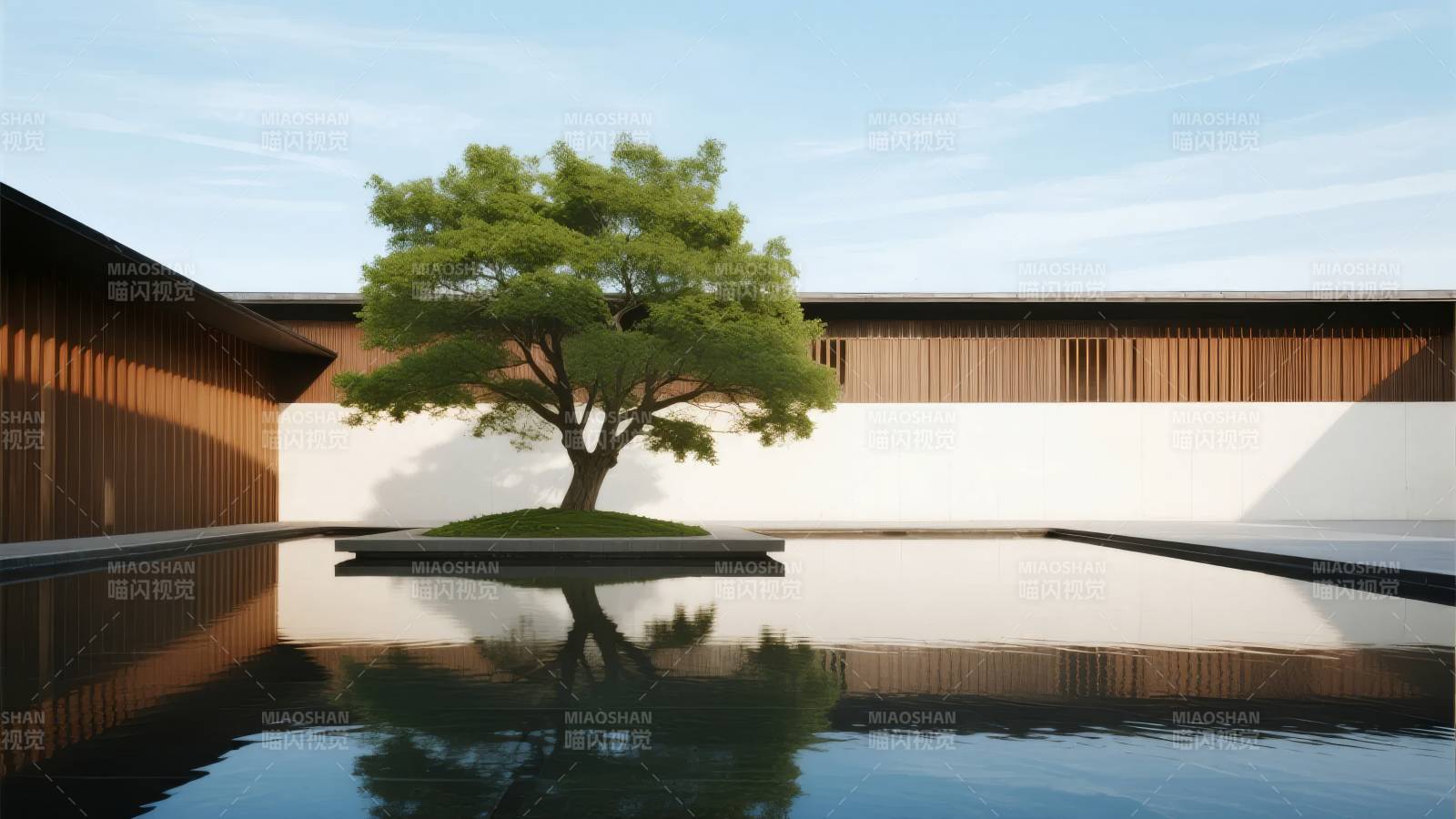 静谧庭院水影树图片