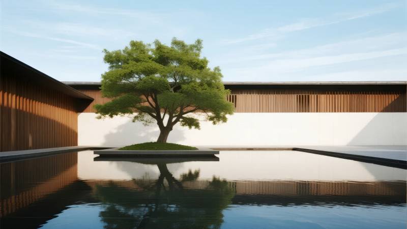 静谧庭院水影树图片