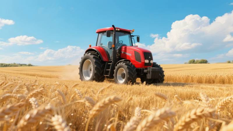 金麦田中的红色拖拉机图片