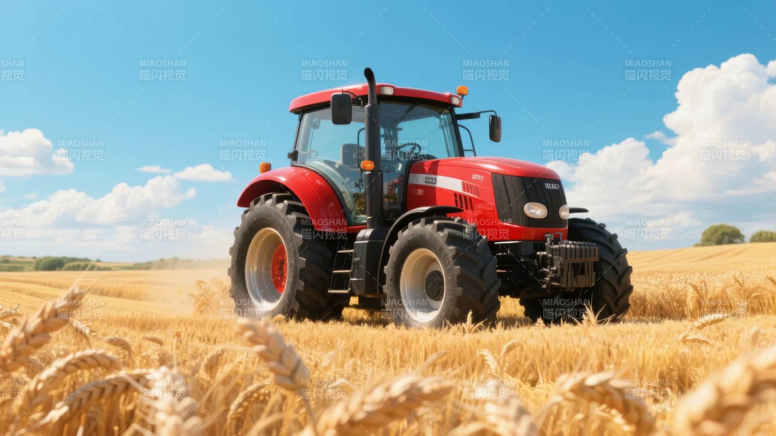 红色拖拉机耕作金田图片