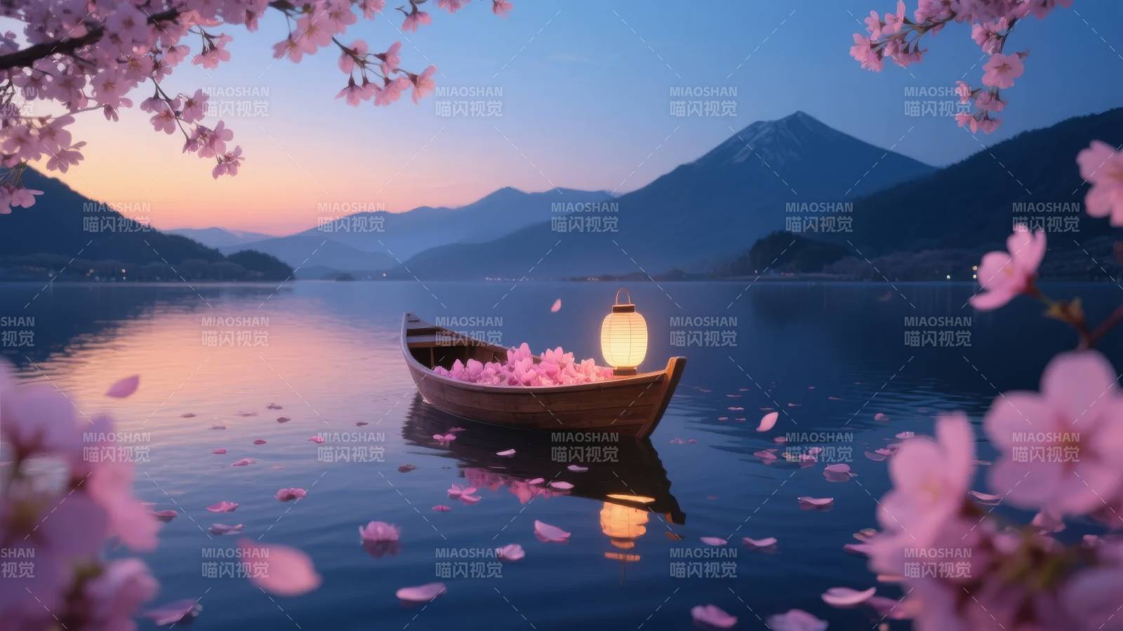 樱花湖畔夜泊舟图片